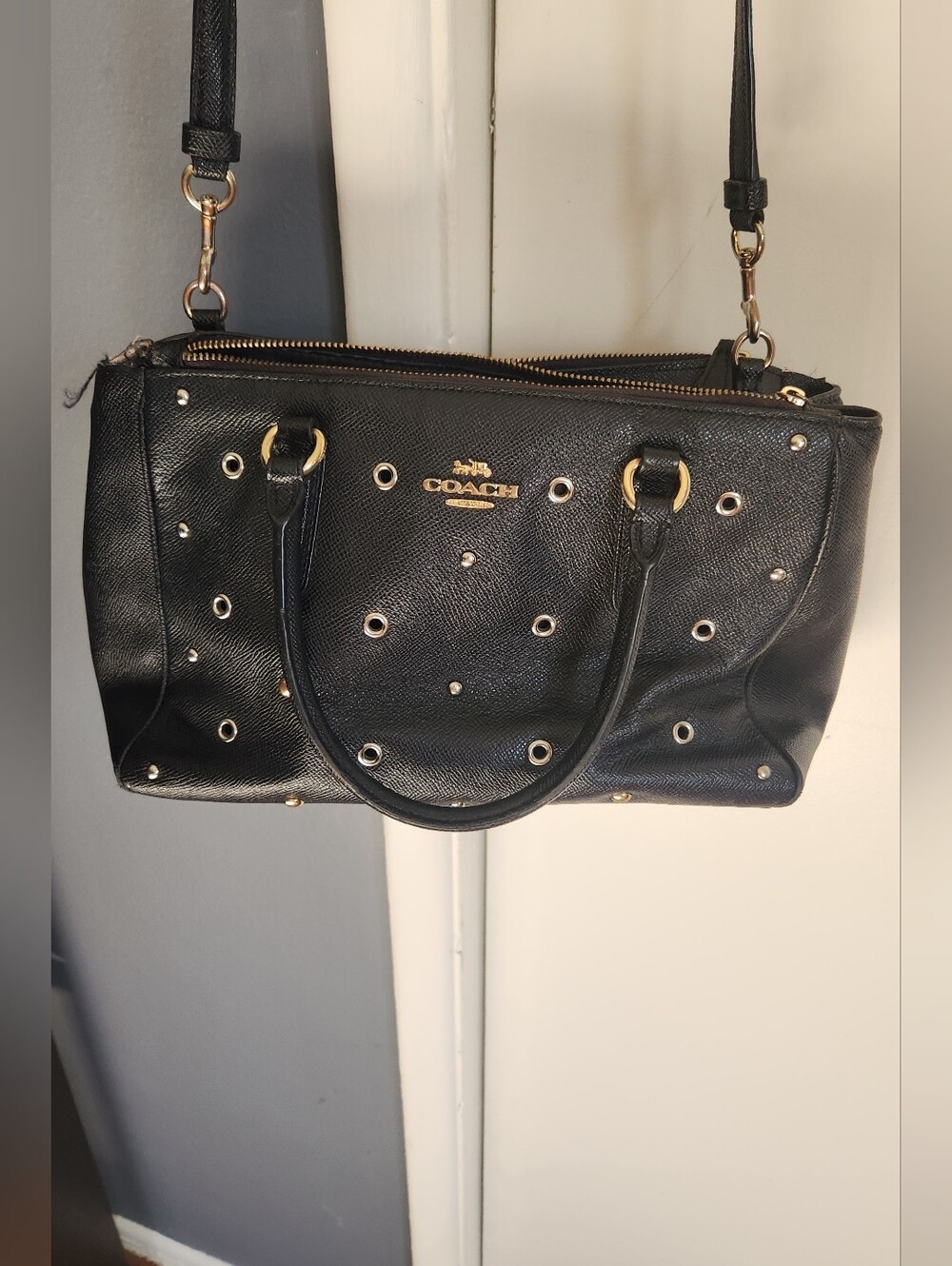 Coach Black Leather Grommet Shoulder Bag with Gold Hardware